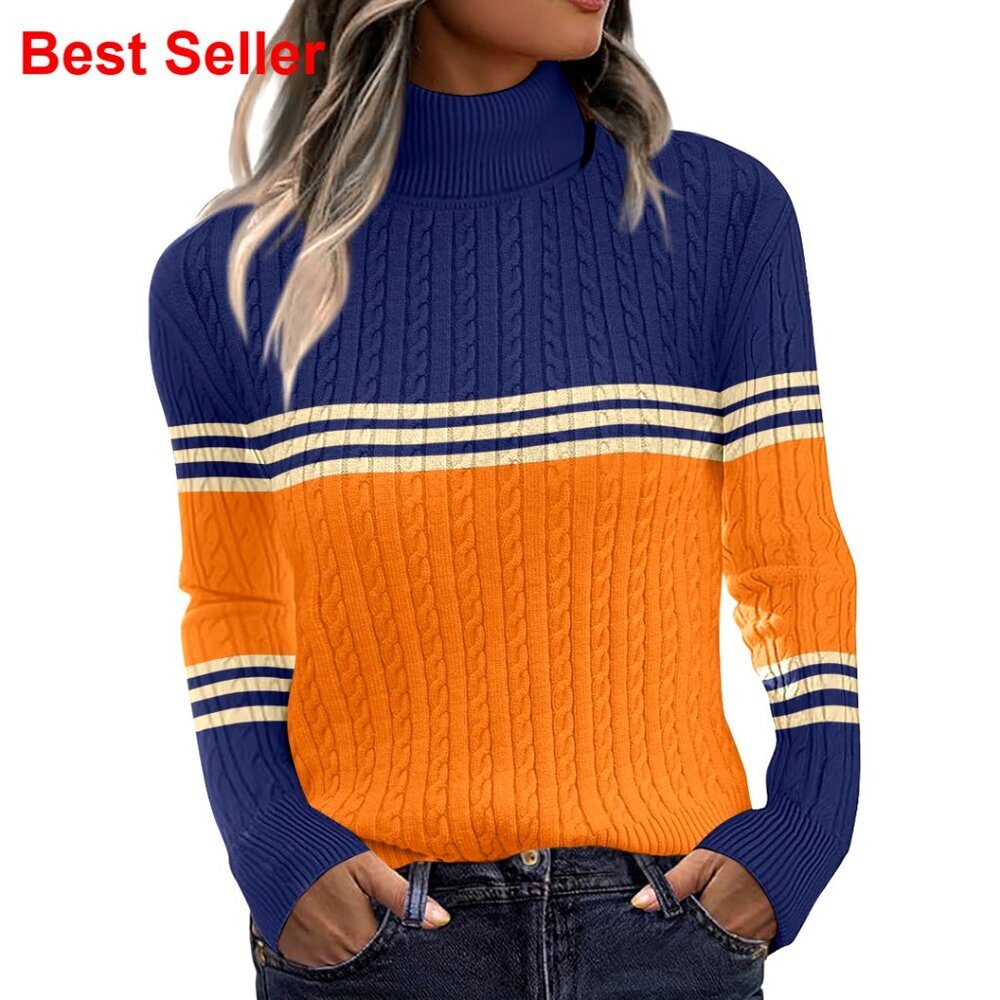 Turtleneck Cable Knit Pullover Sweater Long Sleeve Fitted Fall Winter Top